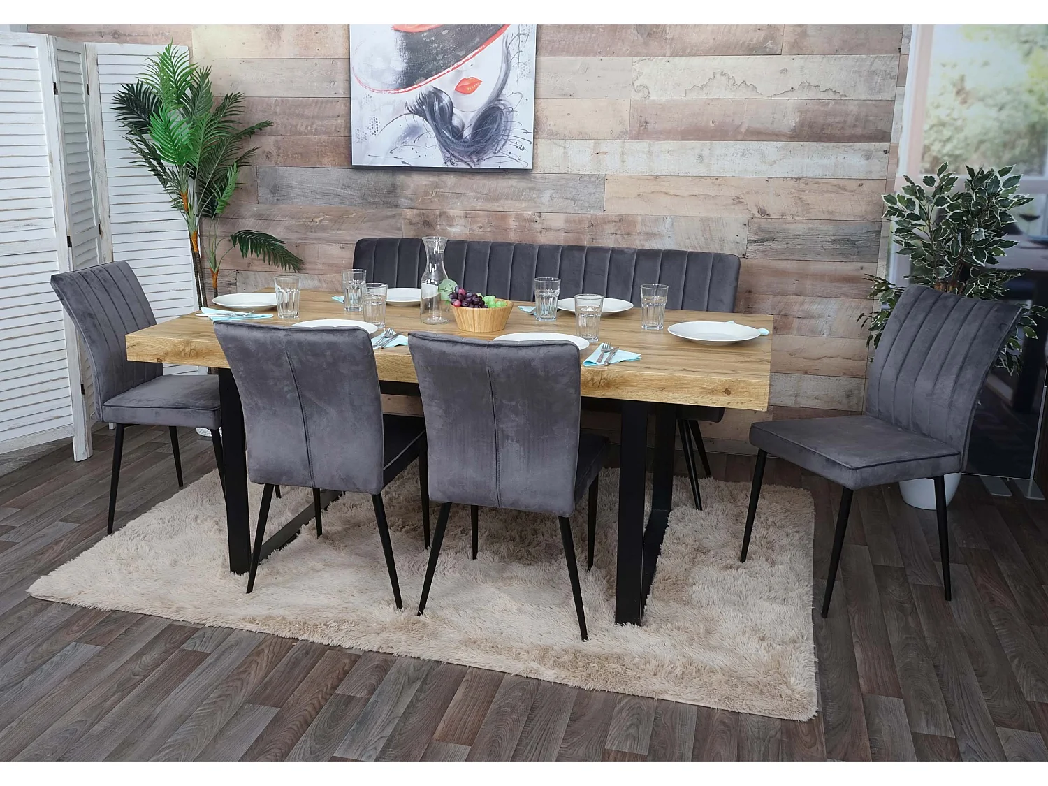 Set panca con 4x sedie sala da pranzo soggiorno MCW-K16 metallo verniciato velluto grigio scuro