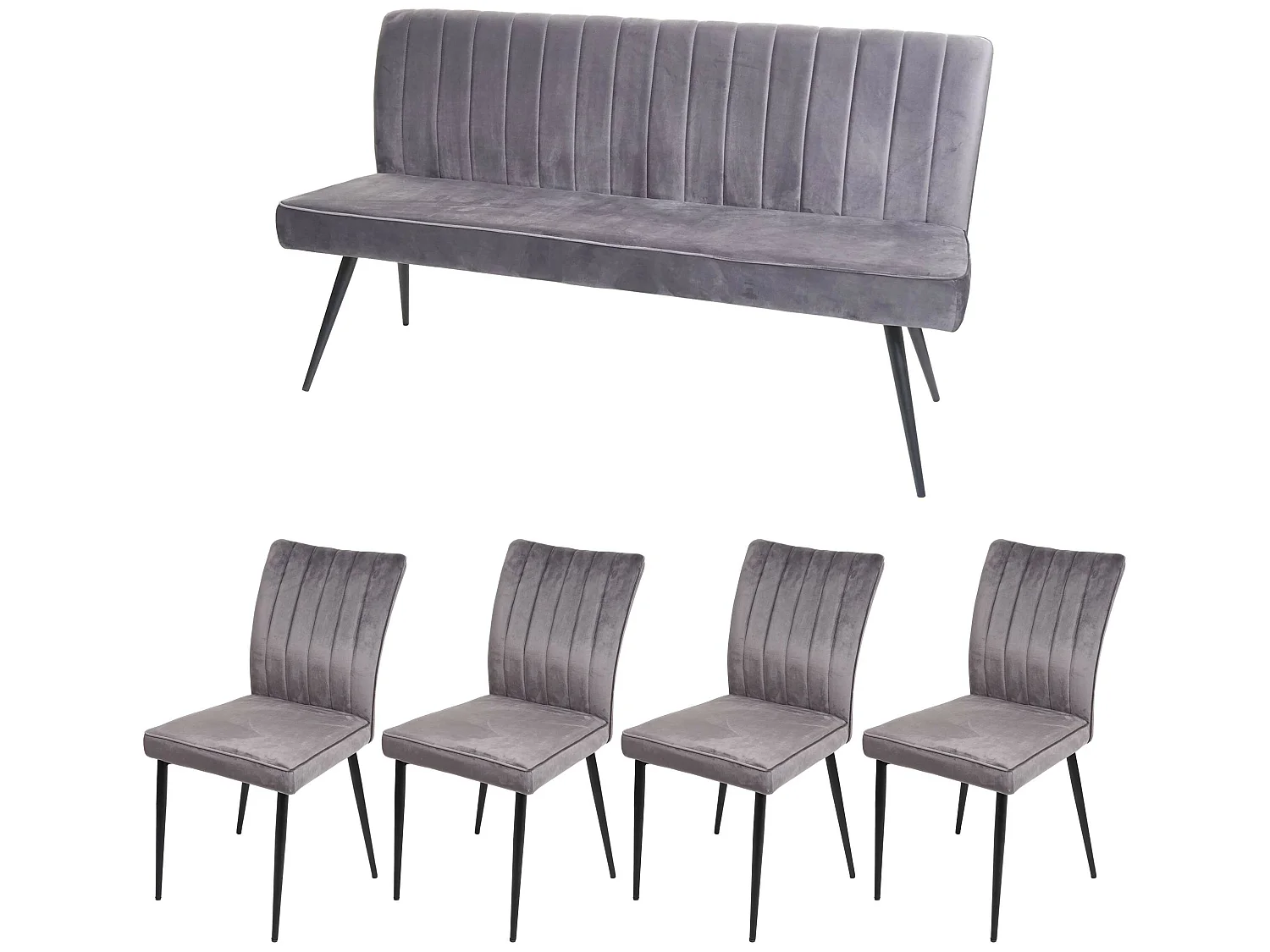 Set panca con 4x sedie sala da pranzo soggiorno MCW-K16 metallo verniciato velluto grigio scuro