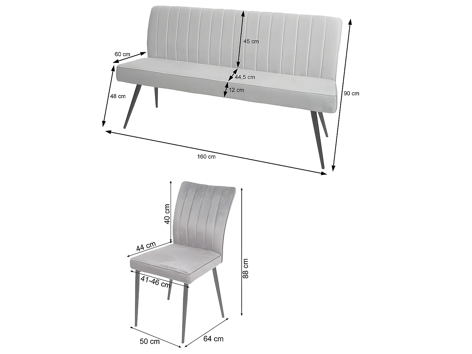 Set panca con 4x sedie sala da pranzo soggiorno MCW-K16 metallo verniciato velluto grigio scuro