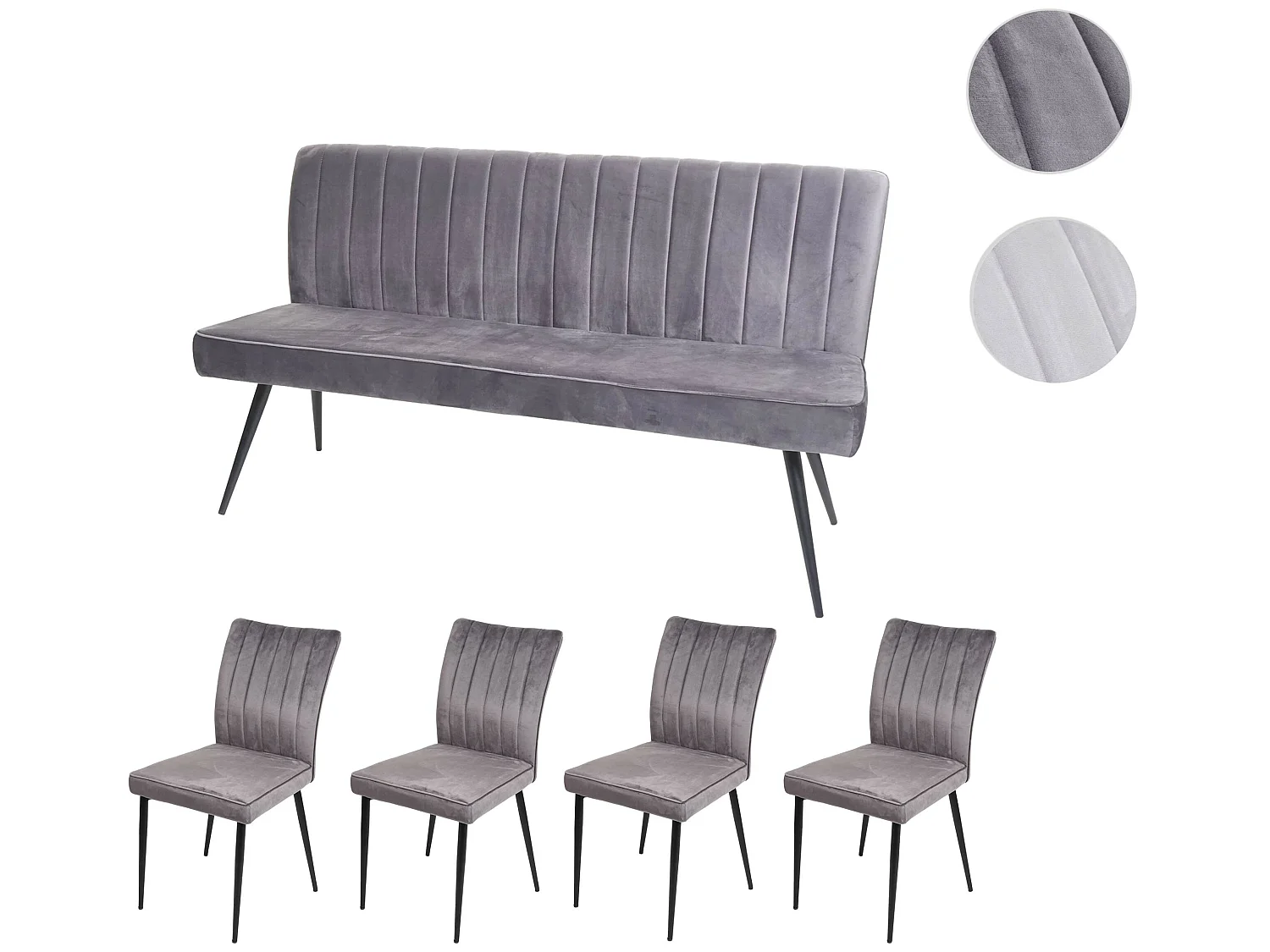 Set panca con 4x sedie sala da pranzo soggiorno MCW-K16 metallo verniciato velluto grigio scuro