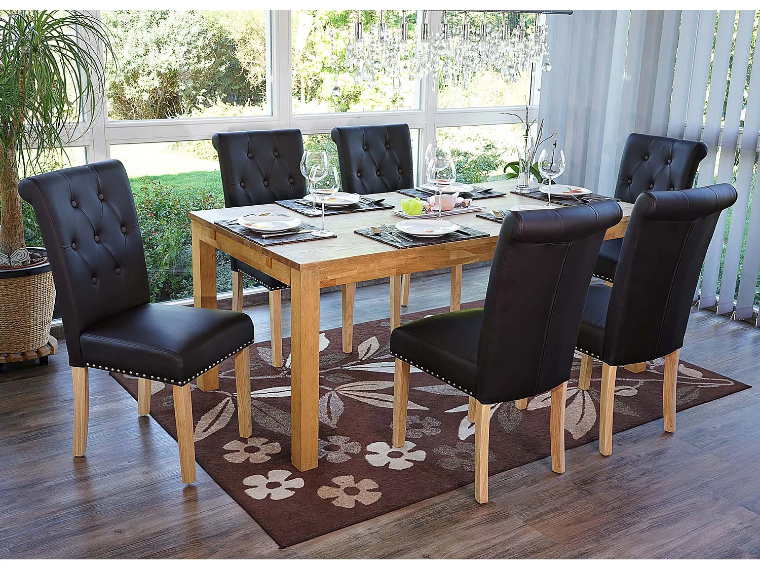 Cadeira de jantar Chesterfield II (conjunto de 6),  imitação de pele, café, pernas de cor clara