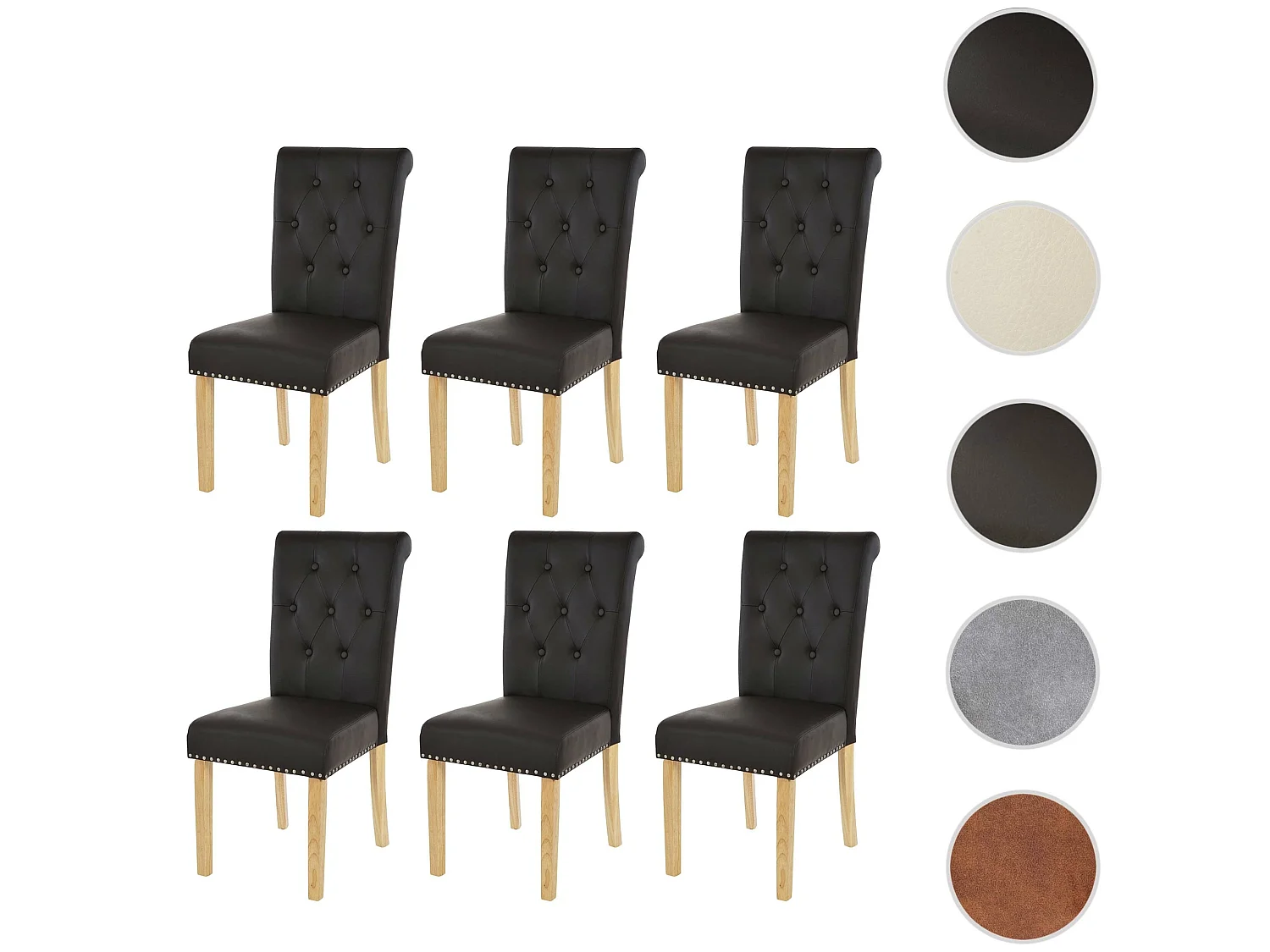 Cadeira de jantar Chesterfield II (conjunto de 6),  imitação de pele, café, pernas de cor clara