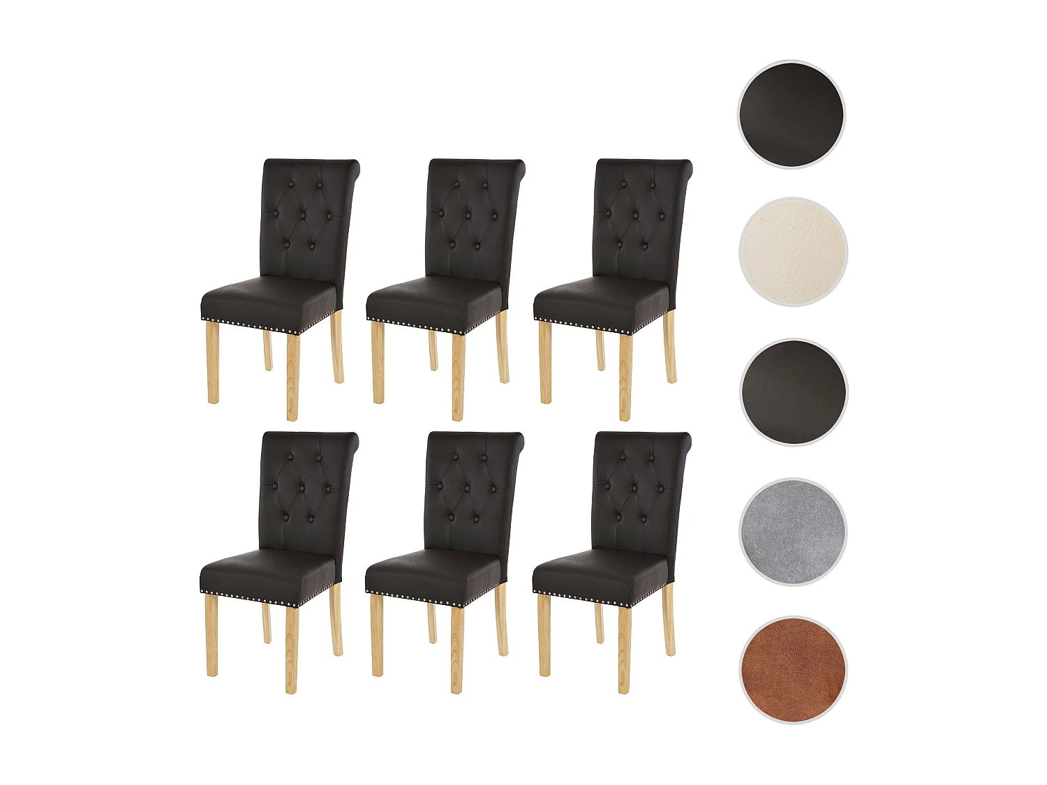 Chaise de salle à manger Chesterfield II (lot de 6),  similicuir brun foncé, pieds clairs