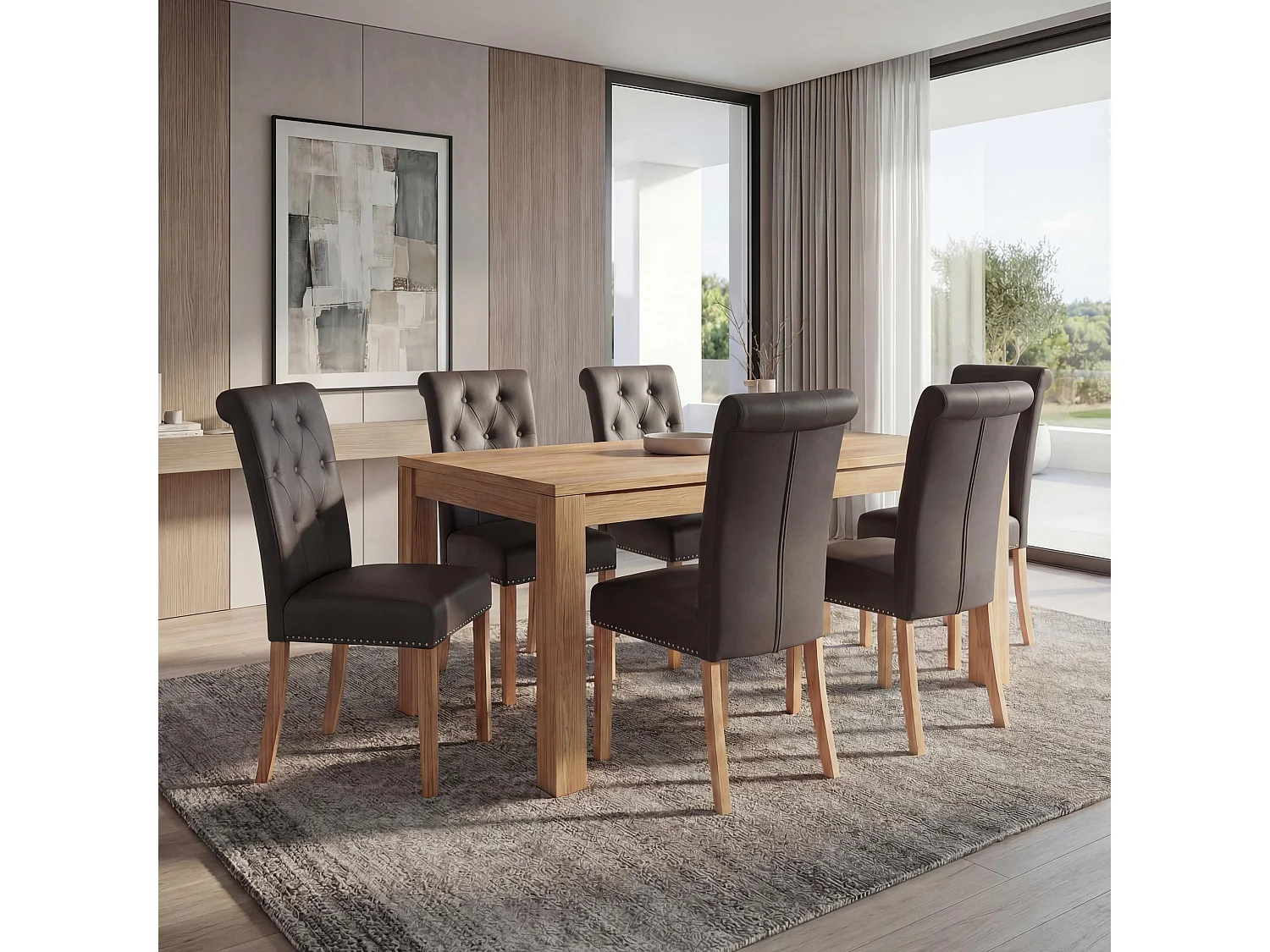 Chaise de salle à manger Chesterfield II (lot de 6),  similicuir brun foncé, pieds clairs