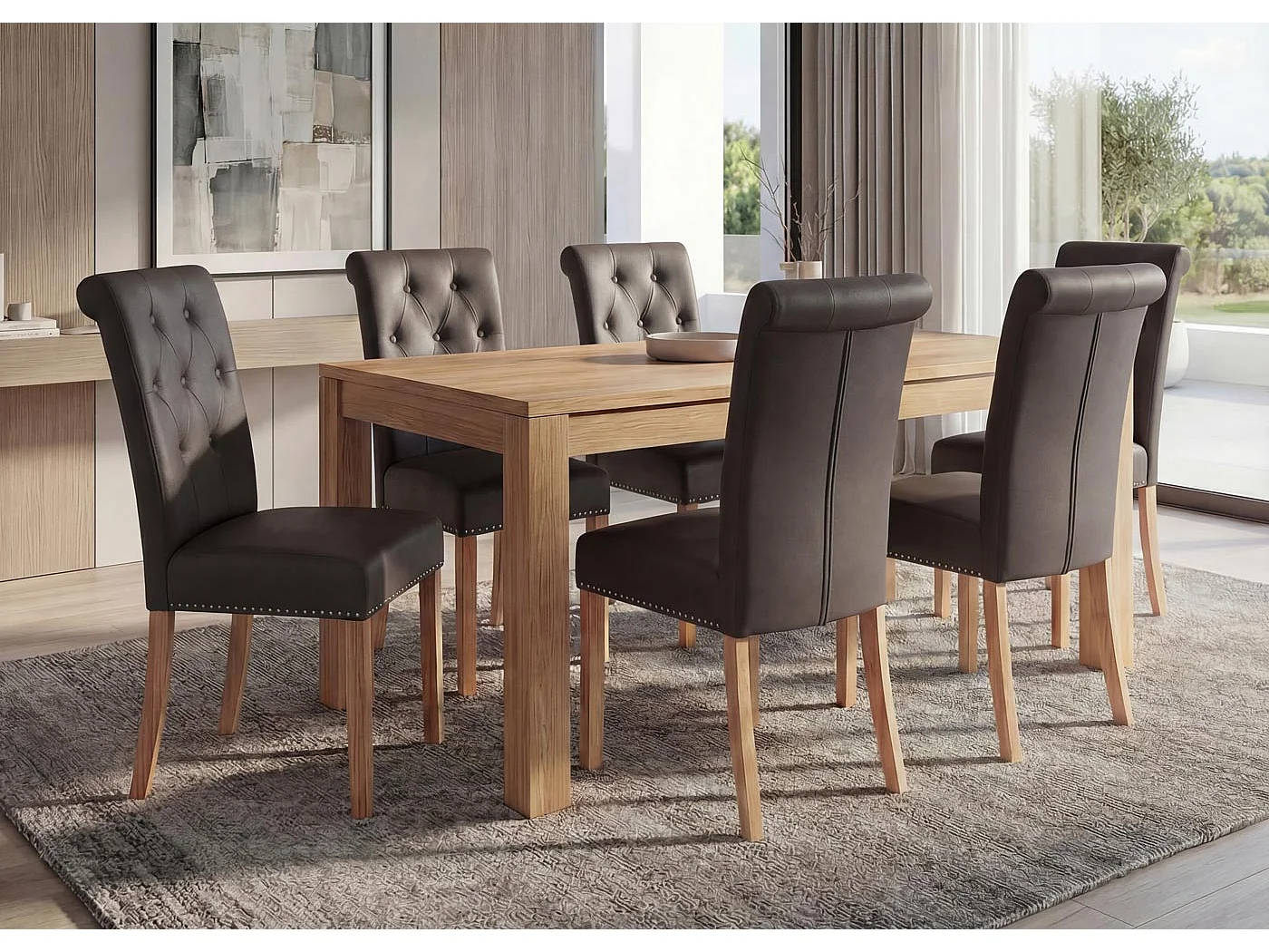 Chaise de salle à manger Chesterfield II (lot de 6),  similicuir brun foncé, pieds clairs