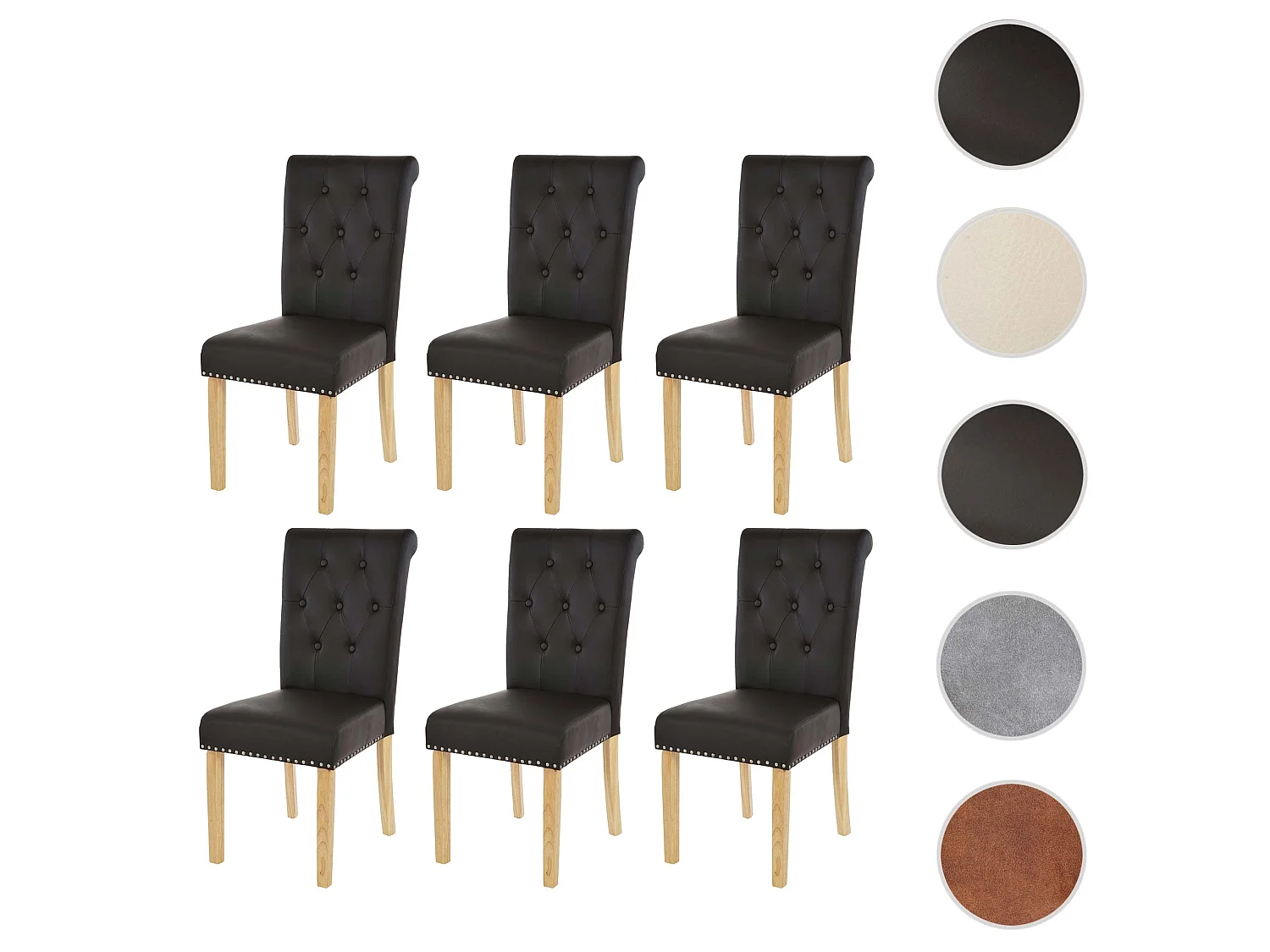 Chaise de salle à manger Chesterfield II (lot de 6),  similicuir brun foncé, pieds clairs