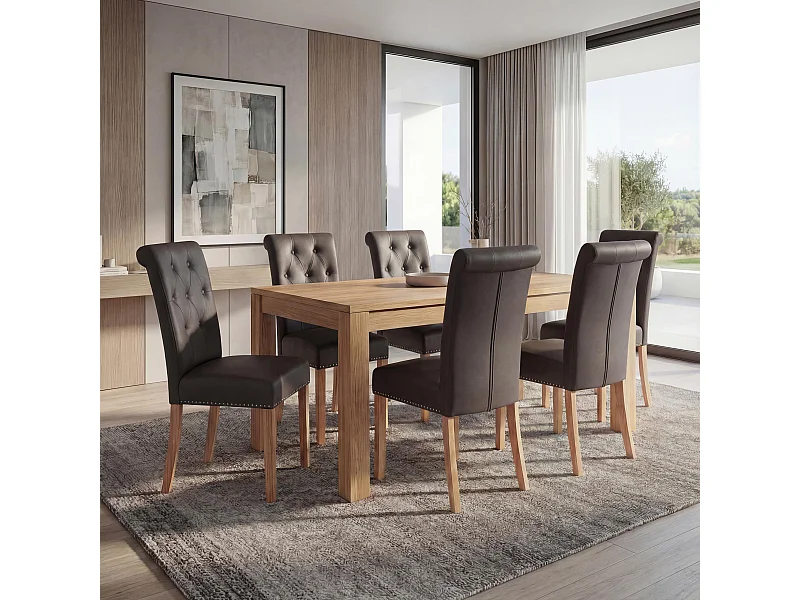 Eetkamerstoel Chesterfield II (set van 6),  kunstleer, koffie, lichtgekleurde poten