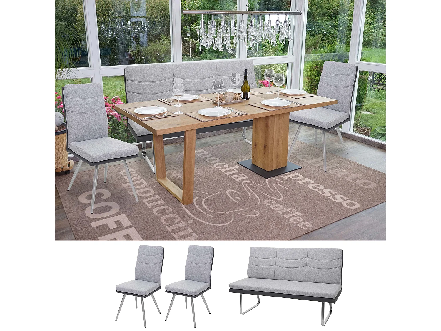 Esszimmer Set MCW-G54 (3-teilig), Grau Bank 160cm
