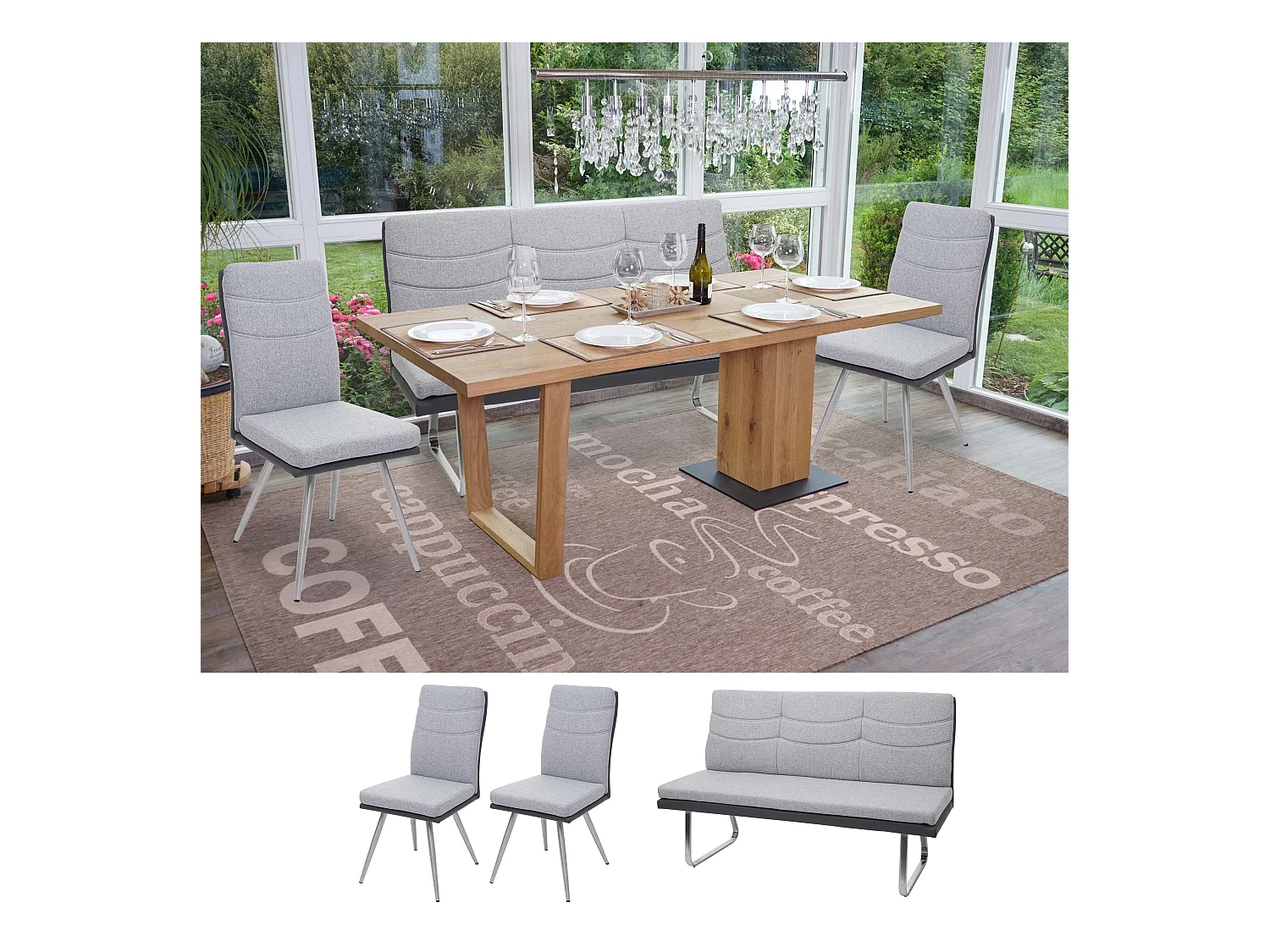Eetkamer set MCW-G54 (3-delig),  grijs bankje 160cm