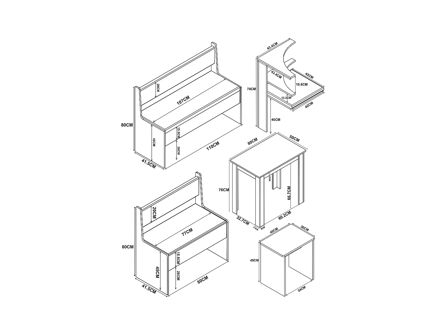 Dining Group Esal White H. 80 x W. 153 x D. 123 cm