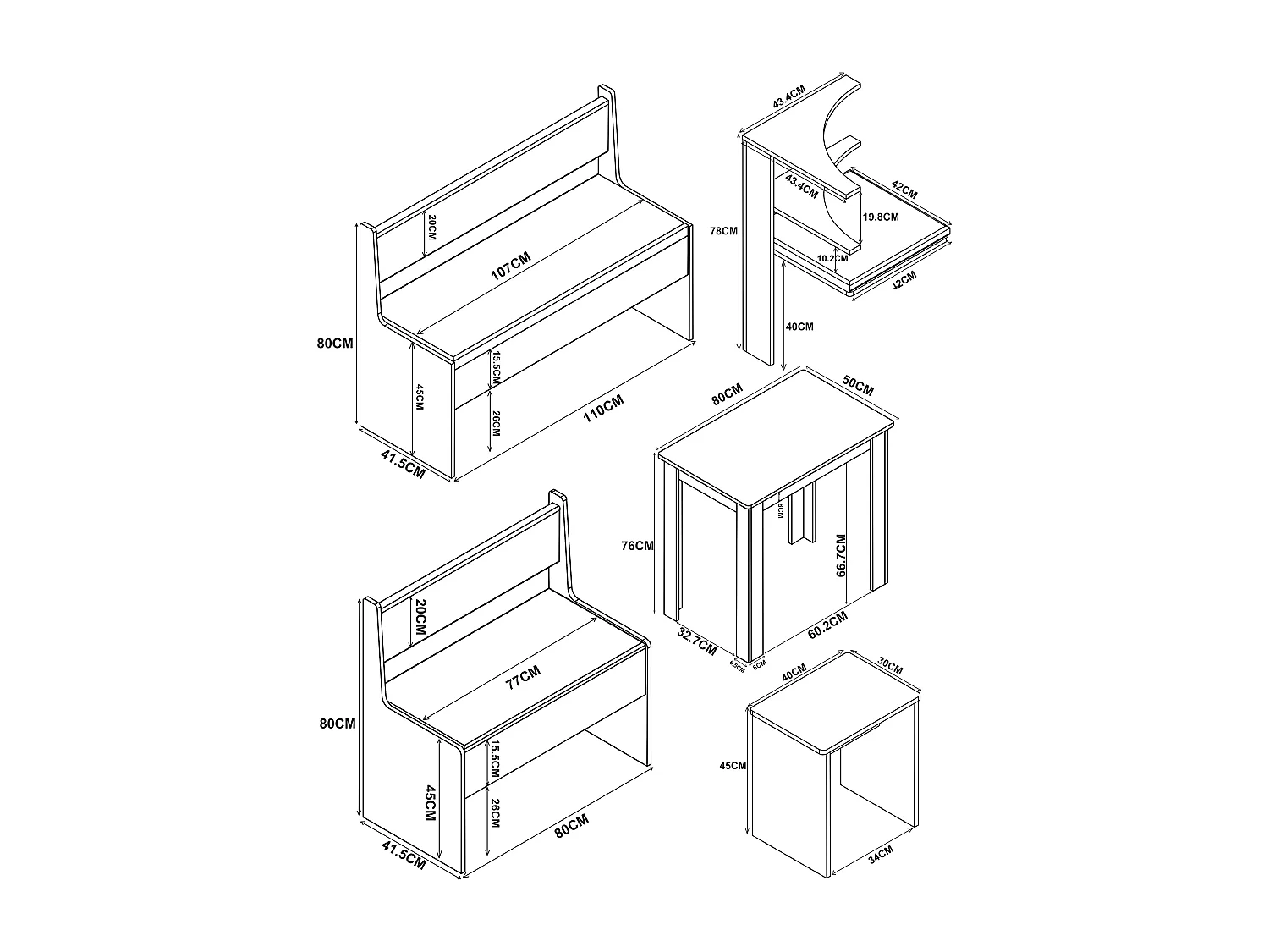 Dining Group Esal White H. 80 x W. 153 x D. 123 cm