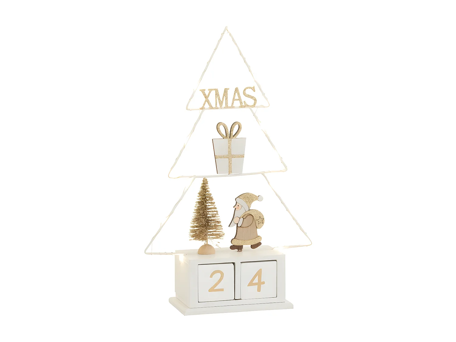 Albero di Natale con calendario e luci in legno bianco 31x18x7.5 cm
