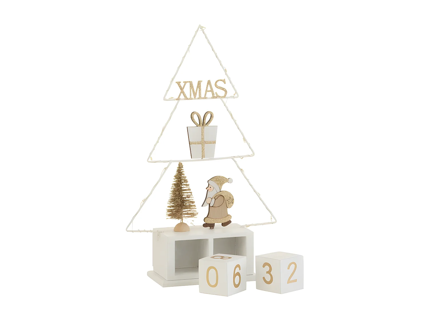 Albero di Natale con calendario e luci in legno bianco 31x18x7.5 cm