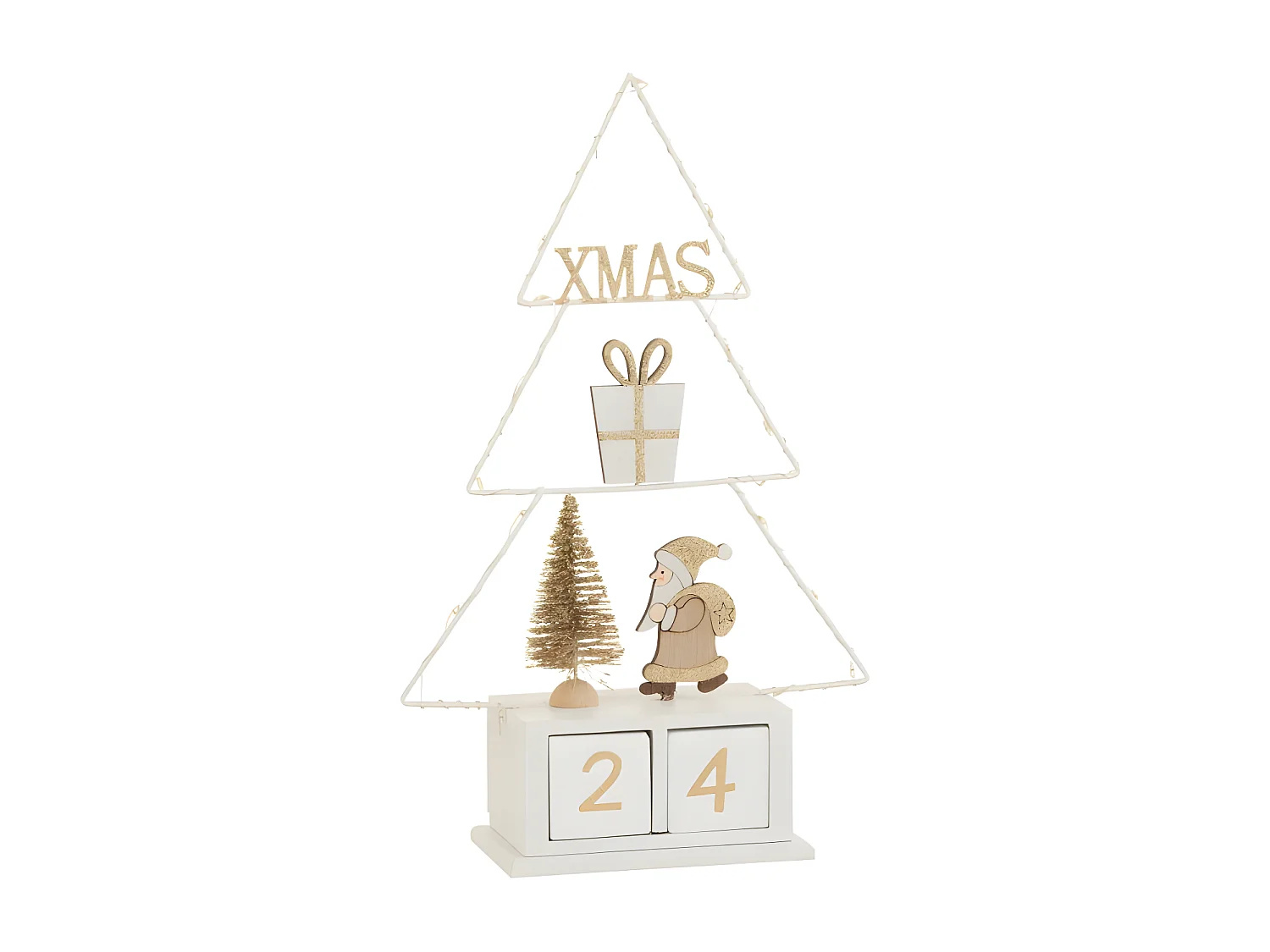 Árbol de Navidad con calendario y luces de madera blanca de 31x18x7.5 cm