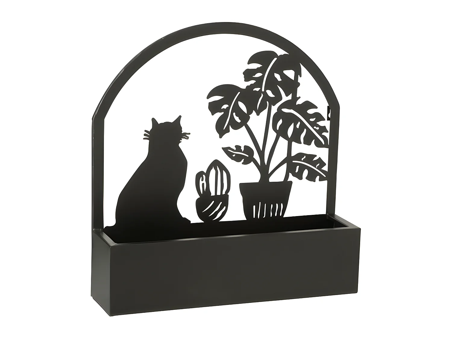 Pot de fleurs mural avec fleur et chat en métal noir L41*l11*H54cm