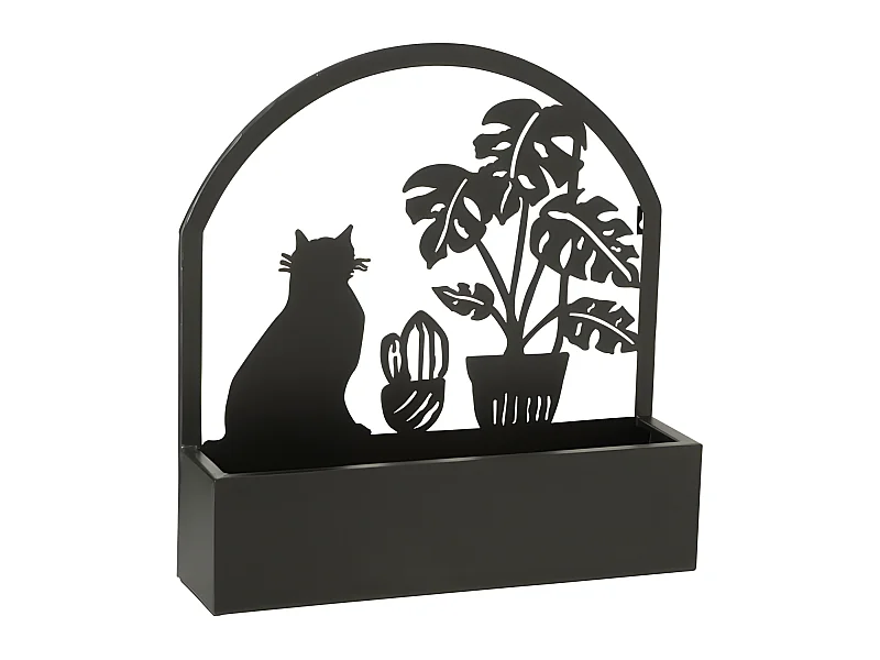 Pot de fleurs mural avec fleur et chat en métal noir L41*l11*H54cm