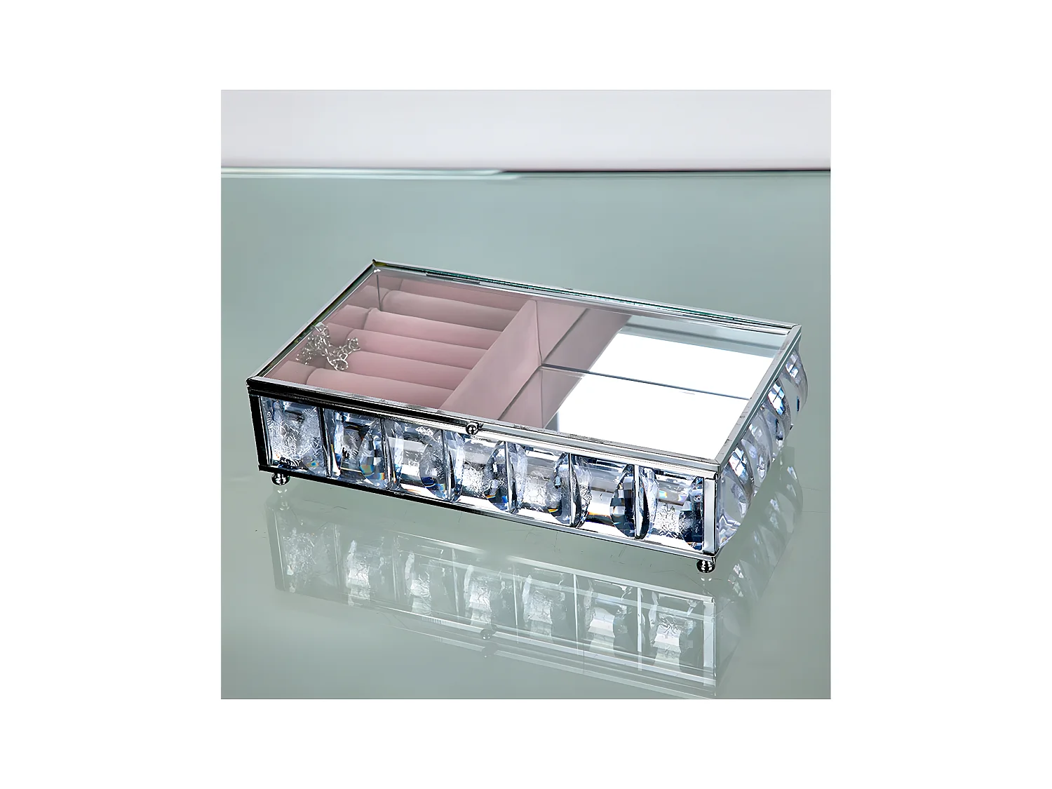 Joyero en terciopelo rosa brillantes acrilico lucy