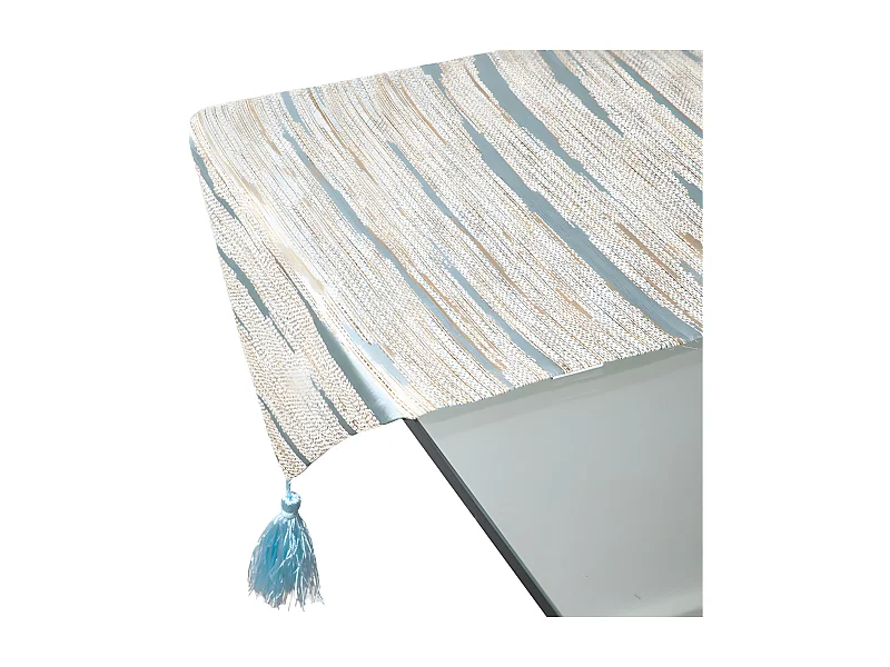 Camino de mesa en tela tipo rustico en tonos gris y azul lulo