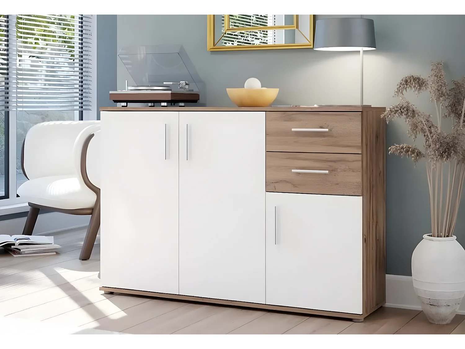 Sideboard Ikoli/Drehtüren&Schubladen/Braun&Weiss