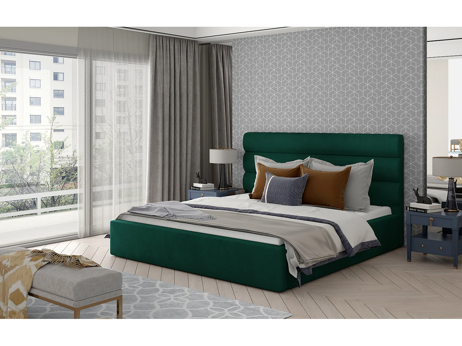 Bett Valia XL (200x200)/Stoff-Grün