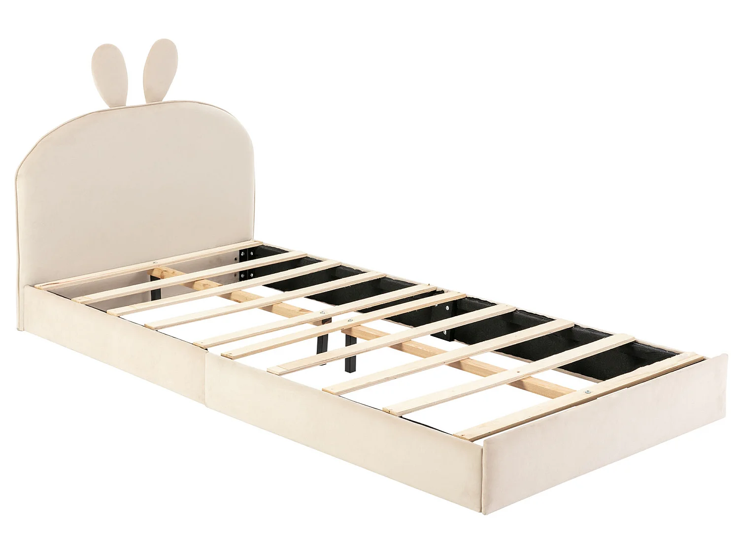 Letto per bambini 90x200 cm imbottito in velluto - testiera a forma di coniglio - con rete a doghe - Beige