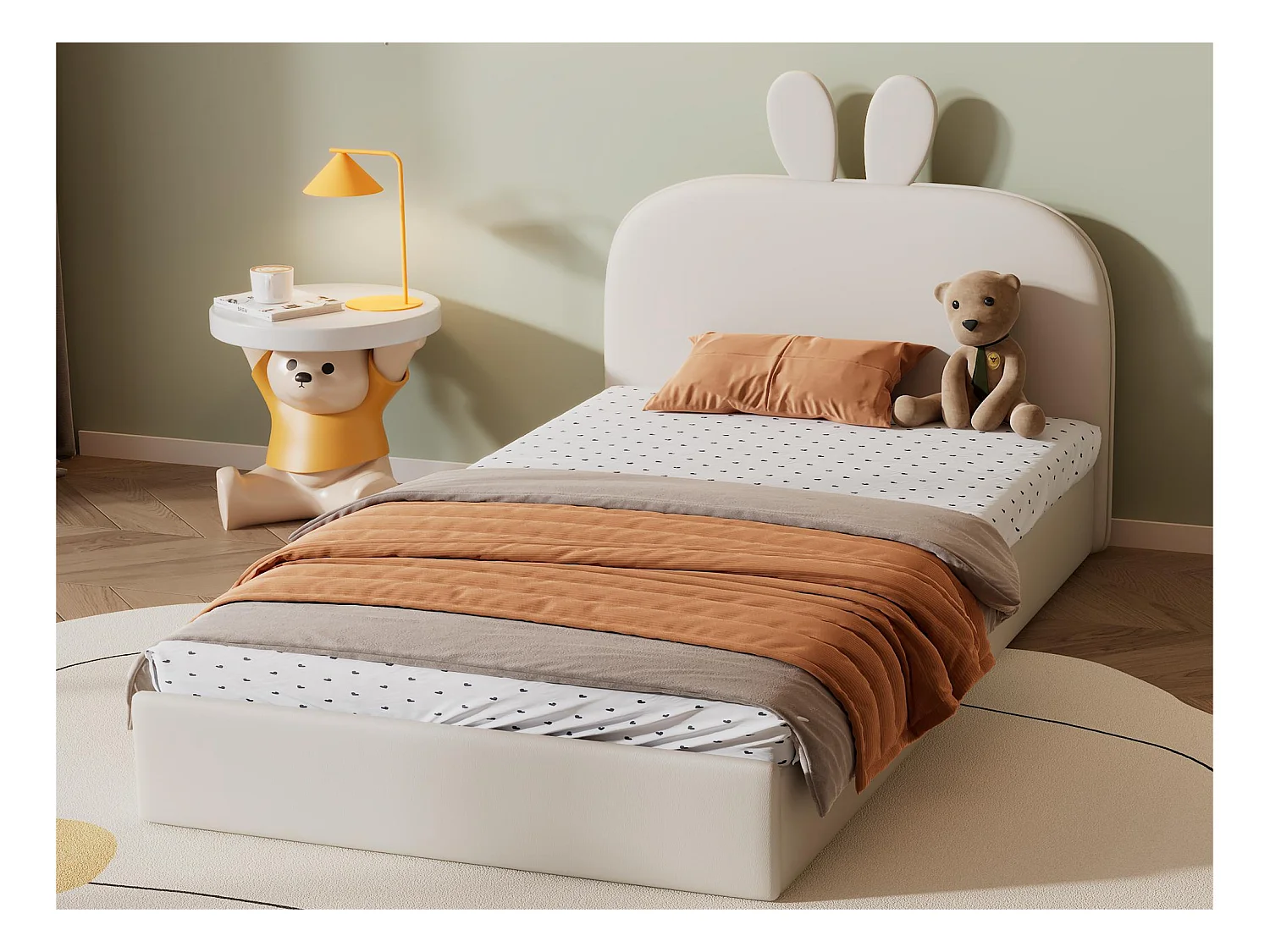 Lit enfant 90x200cm lit rembourré en velours - tête de lit en forme de lapin - avec sommier à lattes - Beige
