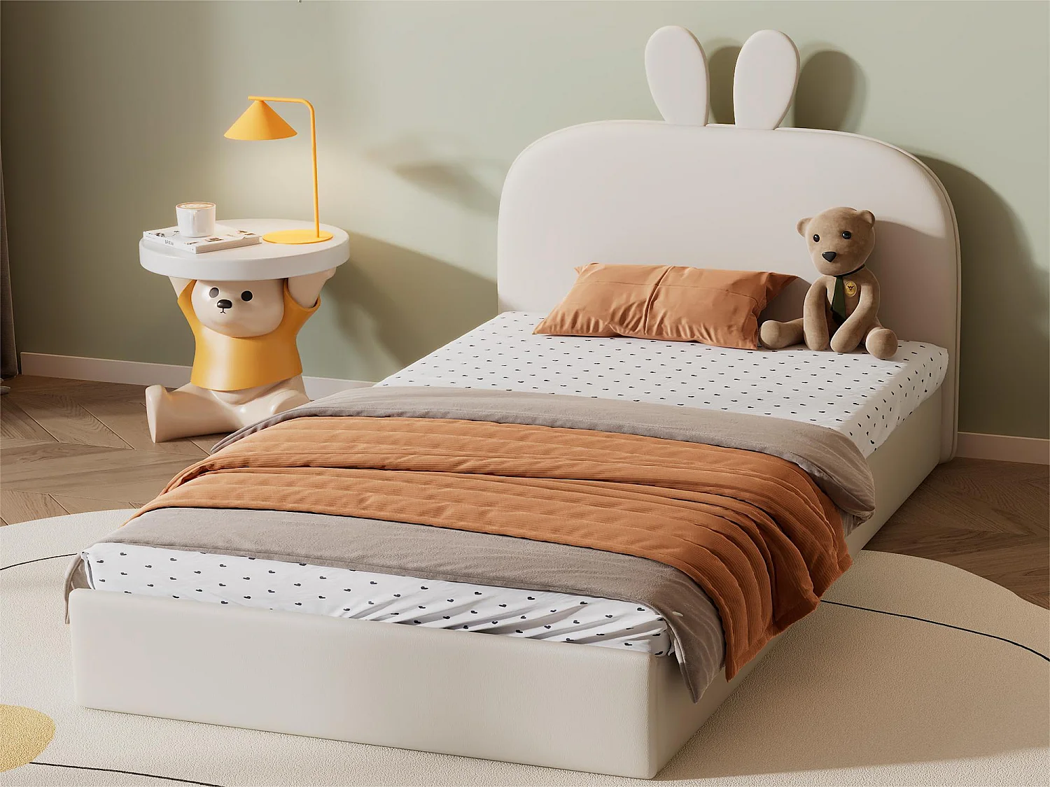 Kinderbett 90x200cm, gepolstertes Samtbett – Kopfteil in Hasenform – mit Lattenrost – Beige