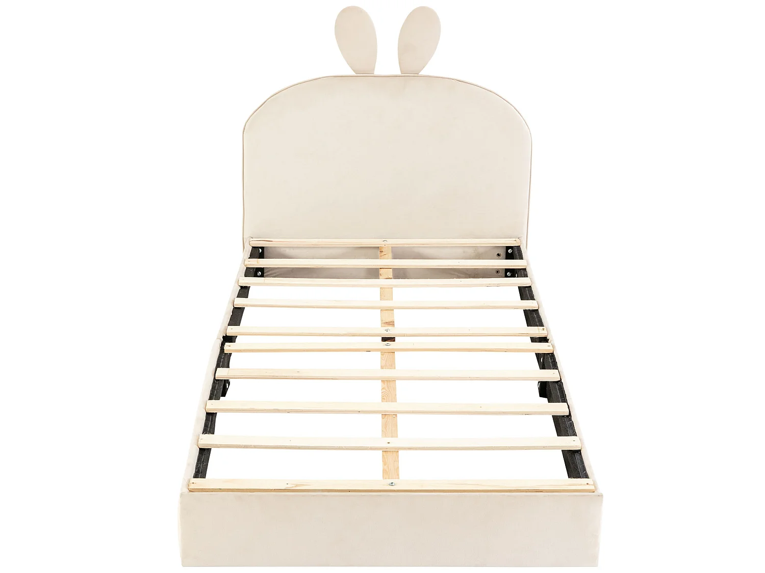Kinderbett 90x200cm, gepolstertes Samtbett – Kopfteil in Hasenform – mit Lattenrost – Beige