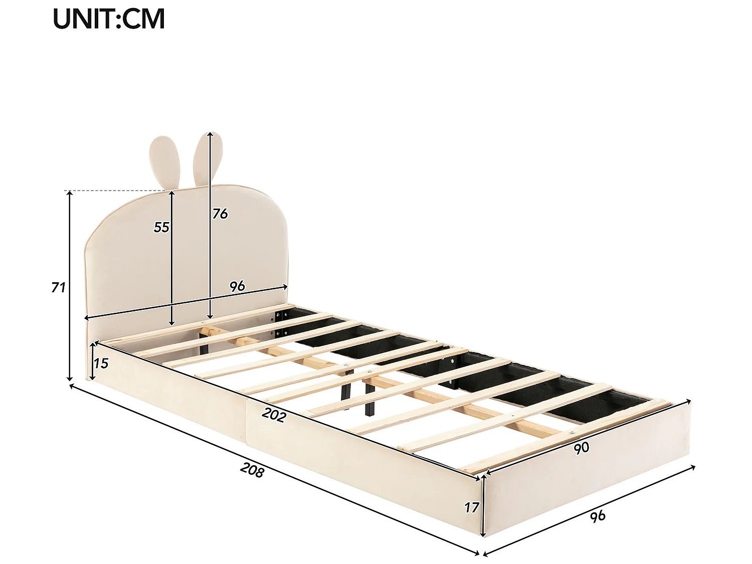 Kinderbett 90x200cm, gepolstertes Samtbett – Kopfteil in Hasenform – mit Lattenrost – Beige