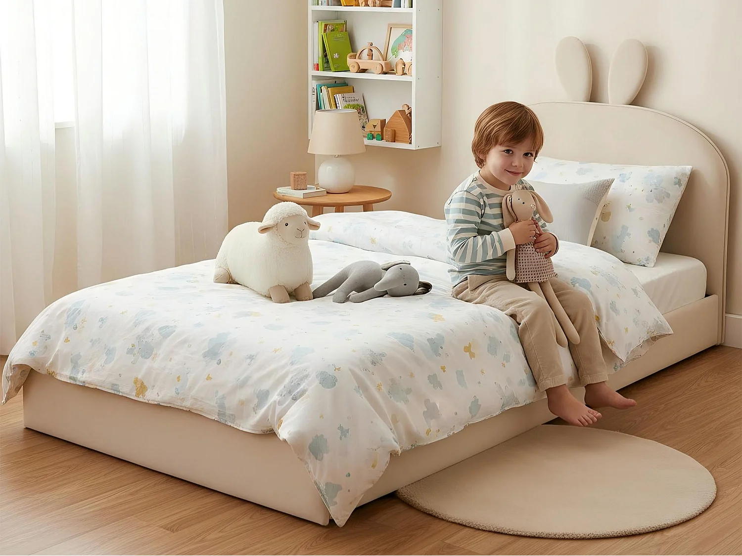 Kinderbed 90x200cm gewatteerd fluwelen bed - konijnvormig hoofdeinde - met lattenbodem - Beige