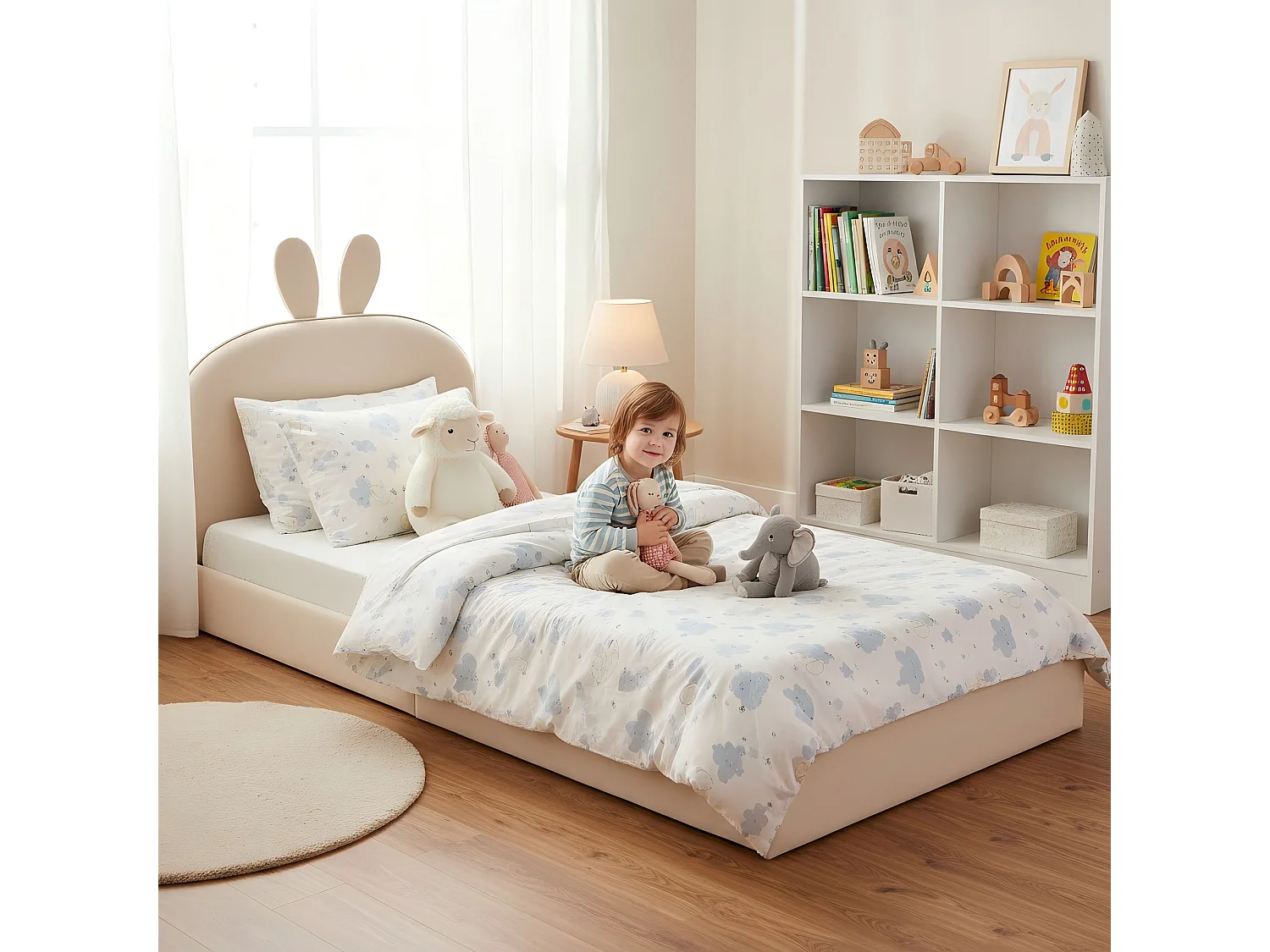 Lit enfant 90x200cm lit rembourré en velours - tête de lit en forme de lapin - avec sommier à lattes - Beige