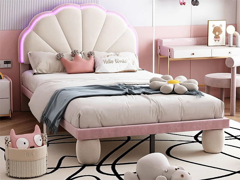 Kinderbed 90x200cm in fluweel met LED - schelpvormig hoofdeinde - met lattenbodem - Roze
