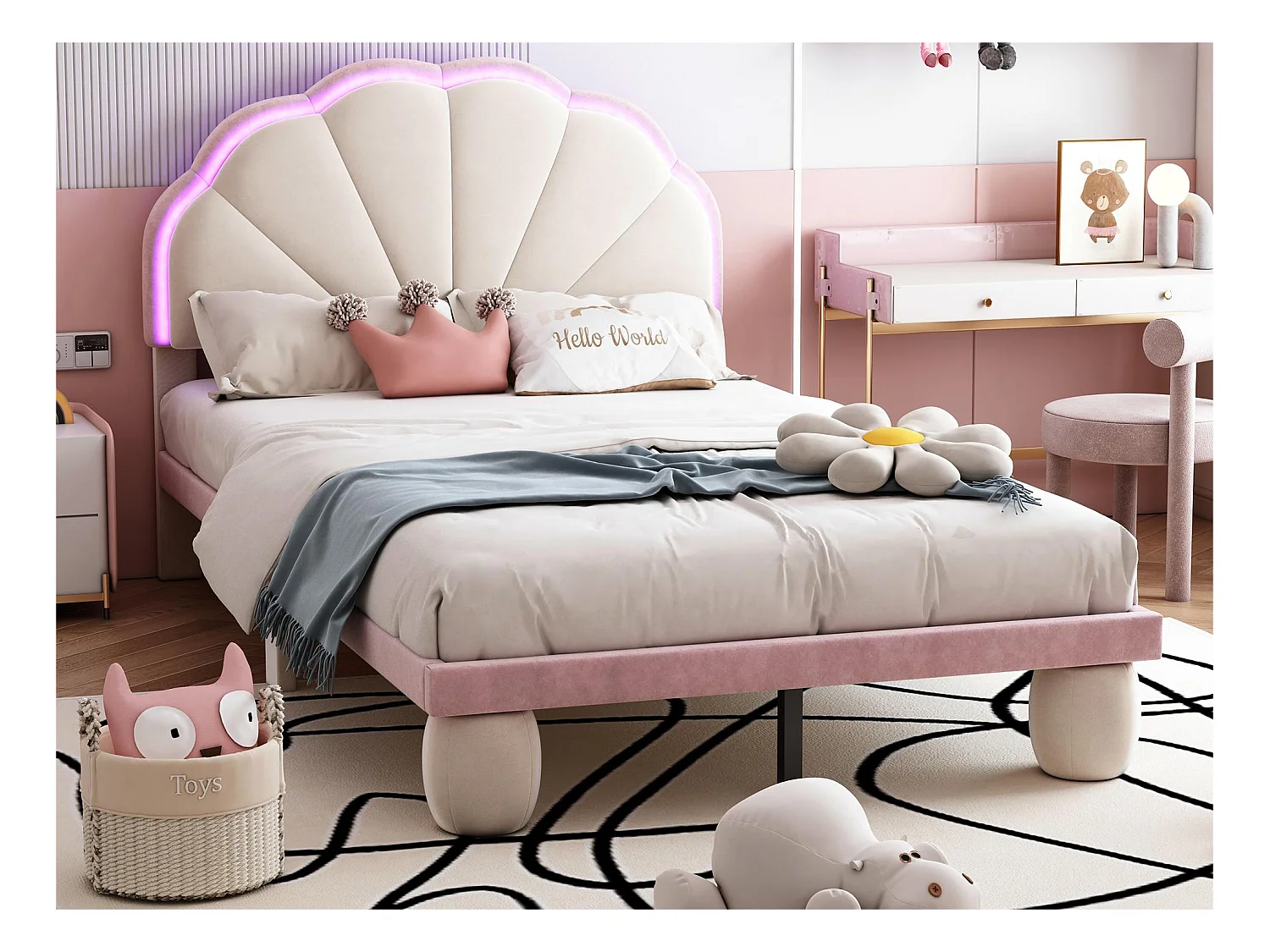 Lit enfant 90x200cm en velours avec LED - tête de lit en forme de coquille - avec sommier à lattes - Rose