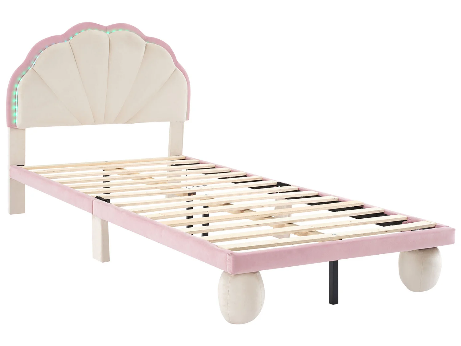 Lit enfant 90x200cm en velours avec LED - tête de lit en forme de coquille - avec sommier à lattes - Rose