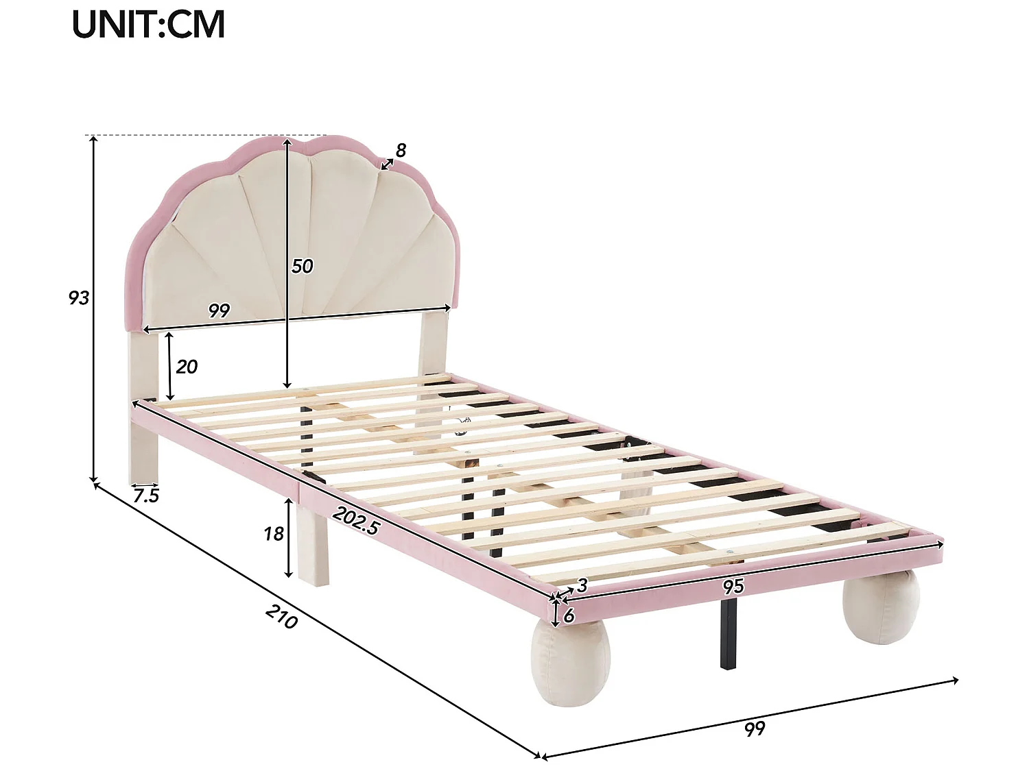 Lit enfant 90x200cm en velours avec LED - tête de lit en forme de coquille - avec sommier à lattes - Rose