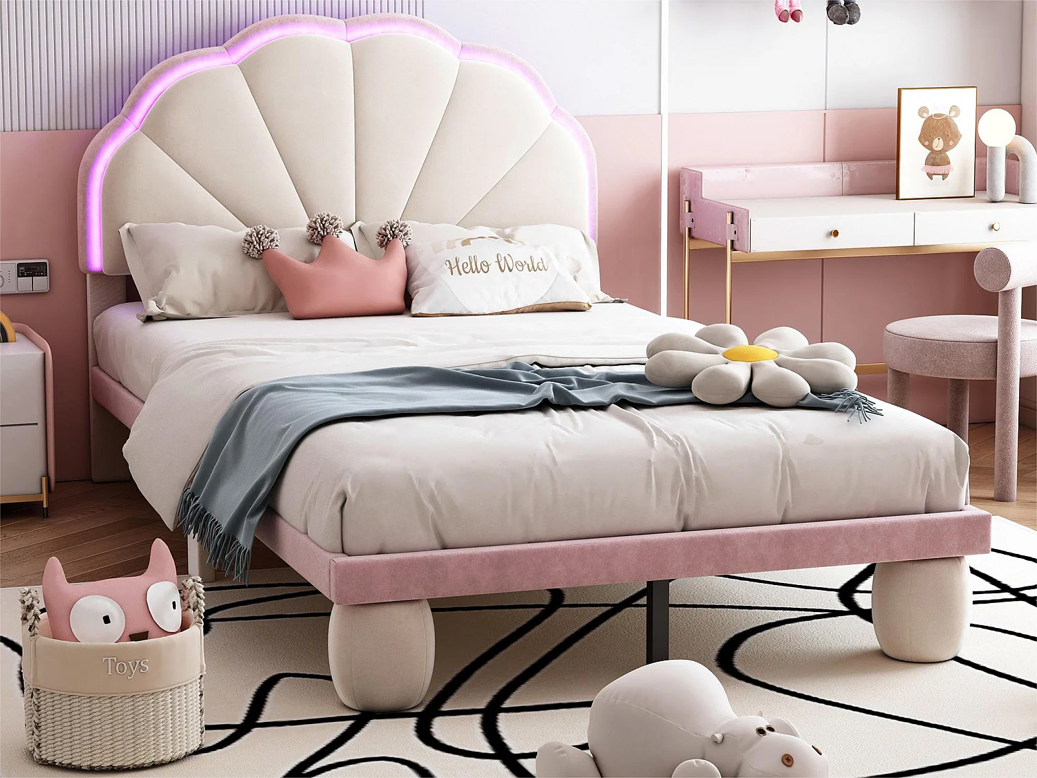 Lit enfant 90x200cm en velours avec LED - tête de lit en forme de coquille - avec sommier à lattes - Rose