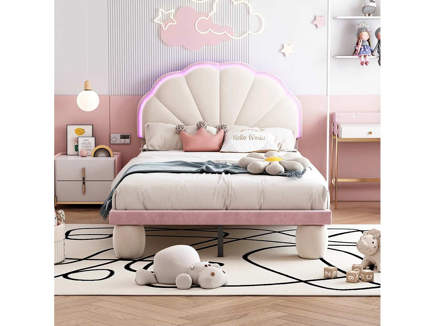 Lit enfant 90x200cm en velours avec LED - tête de lit en forme de coquille - avec sommier à lattes - Rose