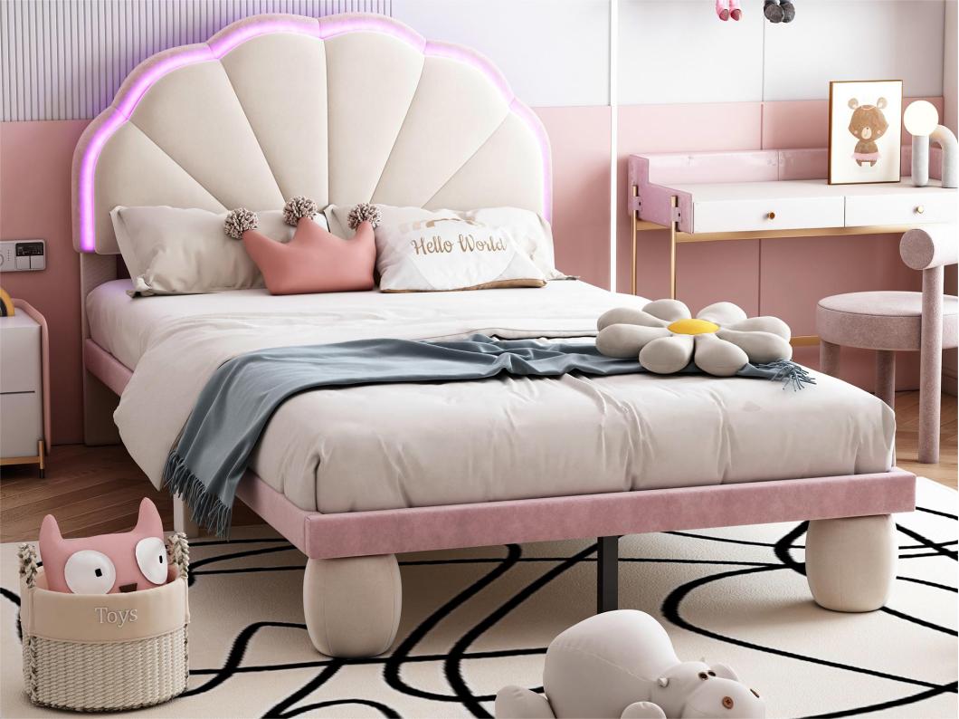 Letto per bambini 90x200 cm in velluto con LED - testiera a conchiglia - con rete a doghe - Rosa