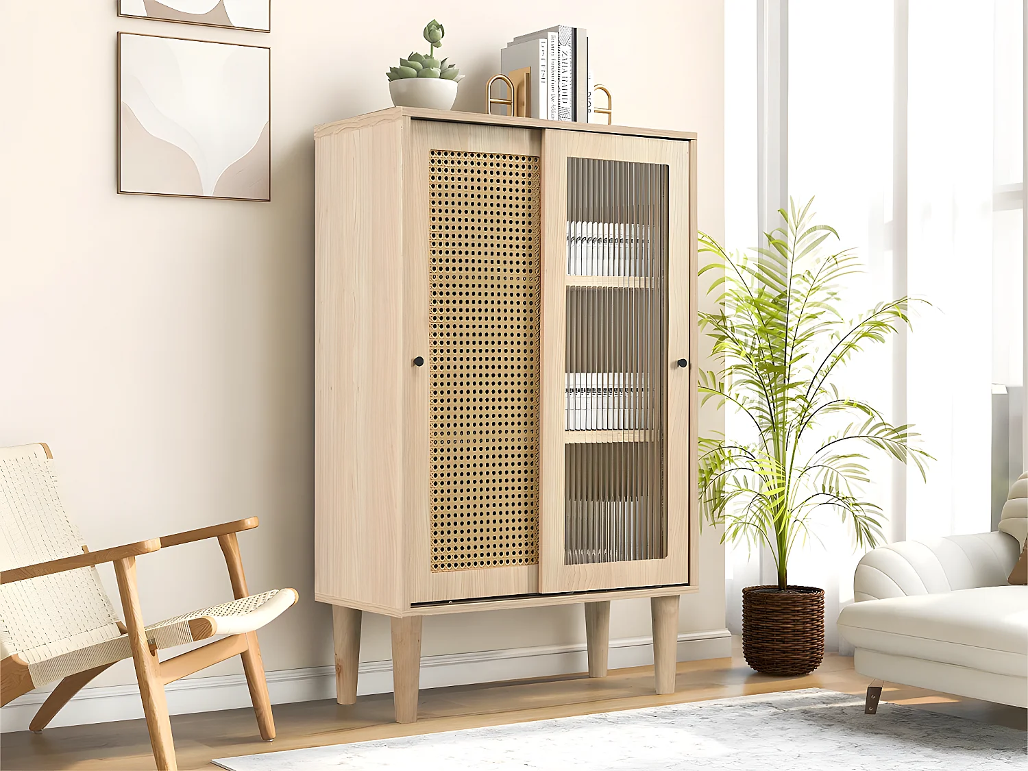 Credenza alta - 6 scomparti - Stile country - Naturale