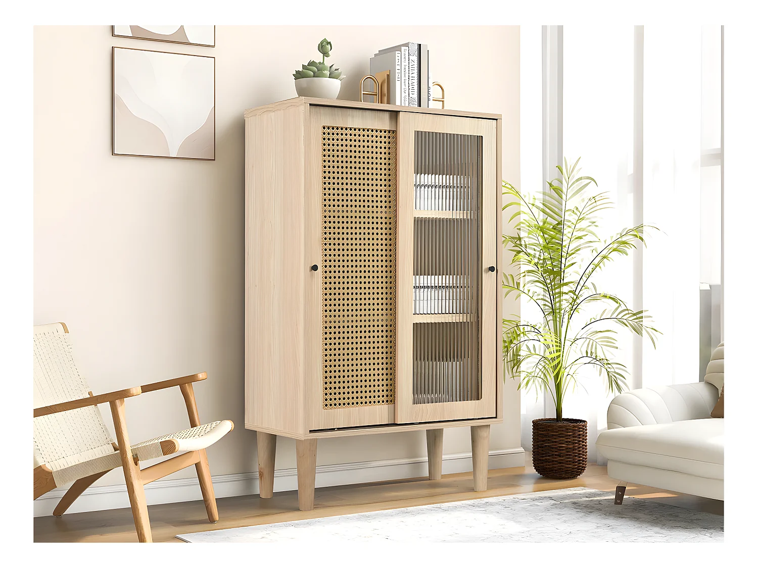 Buffet haut - 6 compartiments - style campagnard - Naturel