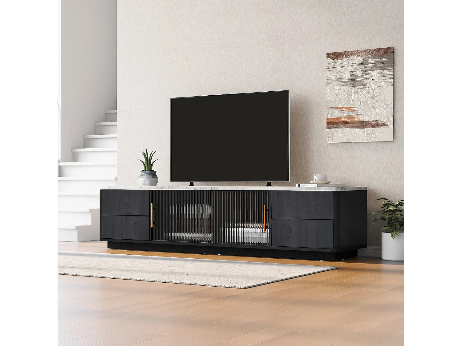 Meuble TV 160cm - adapté pour TV 70" avec un grand espace de rangement et plateau effet marbre - Gris