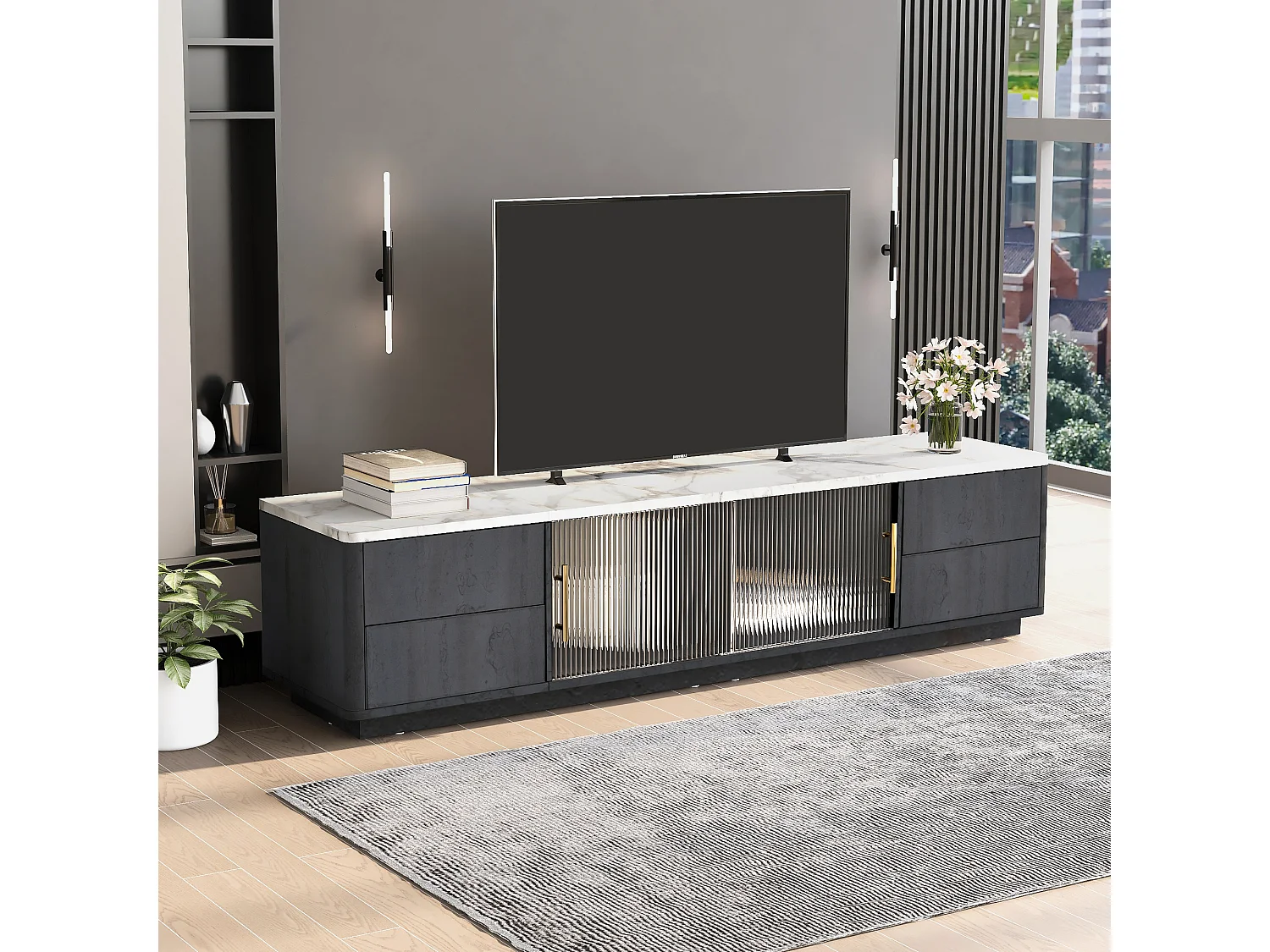 Meuble TV 160cm - adapté pour TV 70" avec un grand espace de rangement et plateau effet marbre - Gris