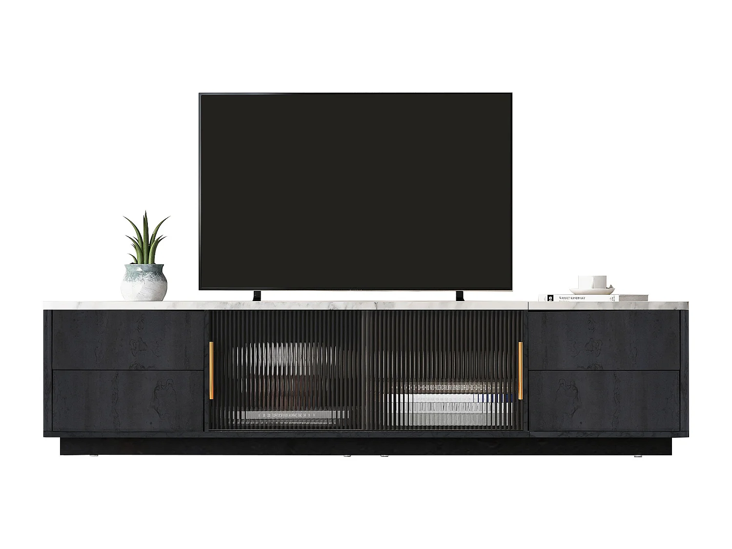Meuble TV 160cm - adapté pour TV 70" avec un grand espace de rangement et plateau effet marbre - Gris