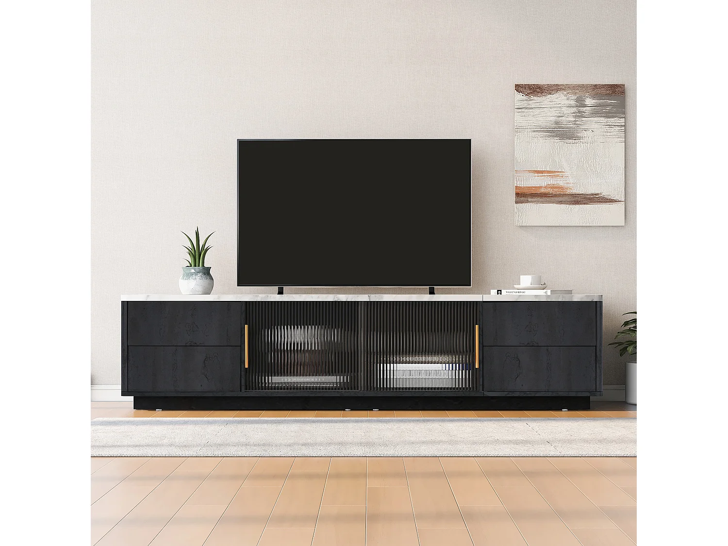 Meuble TV 160cm - adapté pour TV 70" avec un grand espace de rangement et plateau effet marbre - Gris