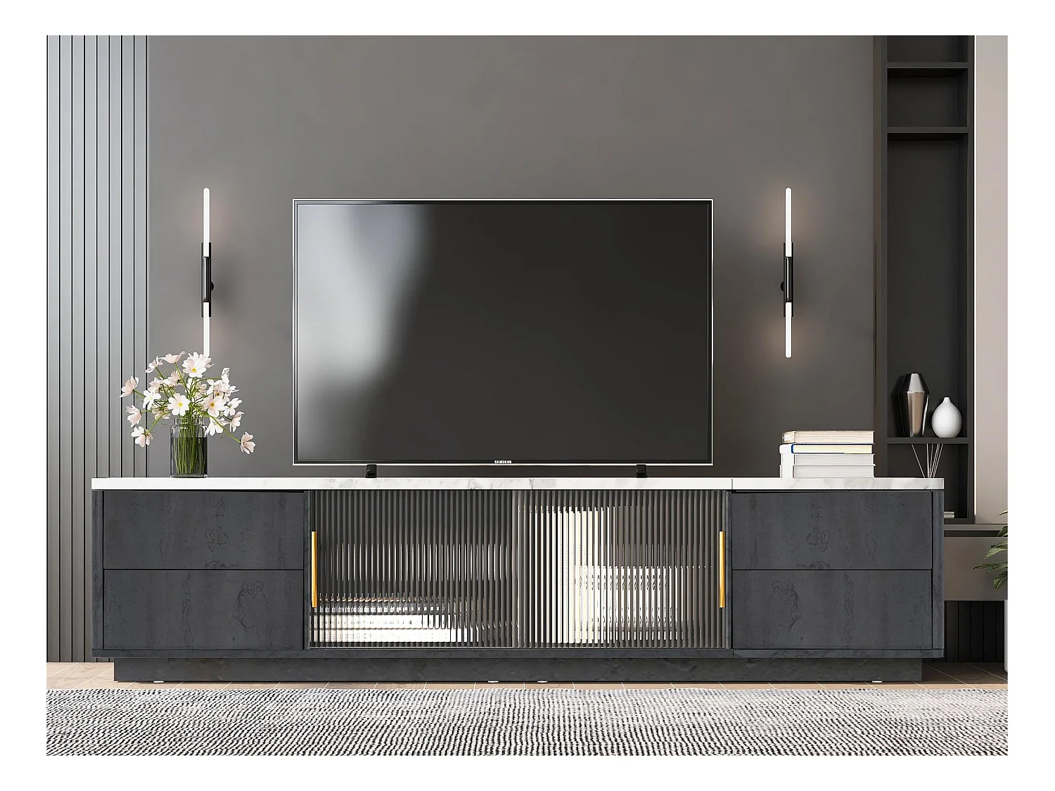 Meuble TV 160cm - adapté pour TV 70" avec un grand espace de rangement et plateau effet marbre - Gris