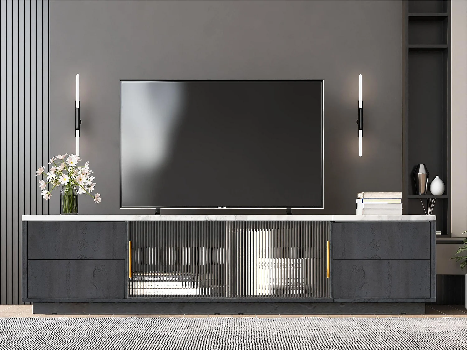 Meuble TV 160cm - adapté pour TV 70" avec un grand espace de rangement et plateau effet marbre - Gris
