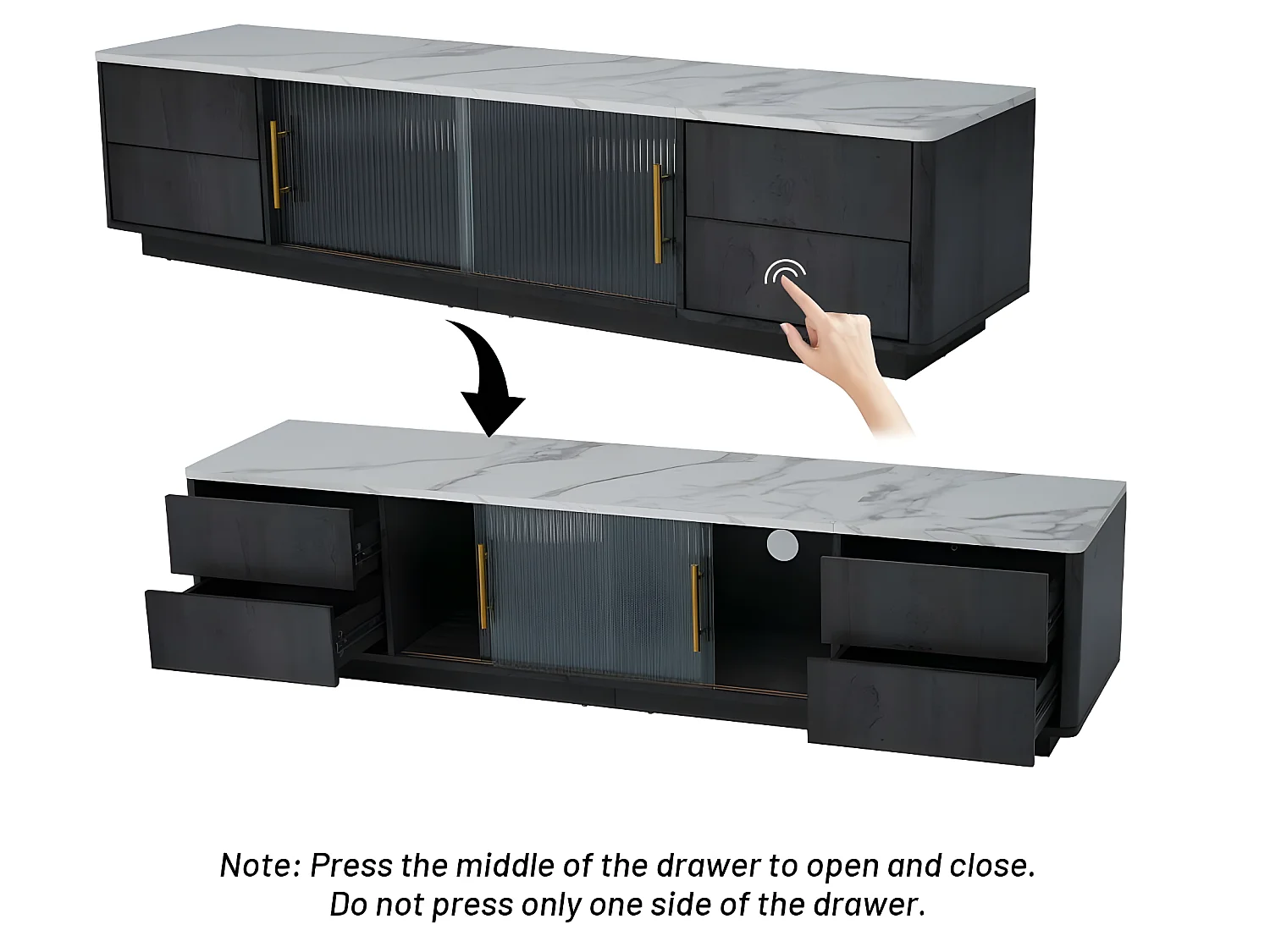 Meuble TV 160cm - adapté pour TV 70" avec un grand espace de rangement et plateau effet marbre - Gris