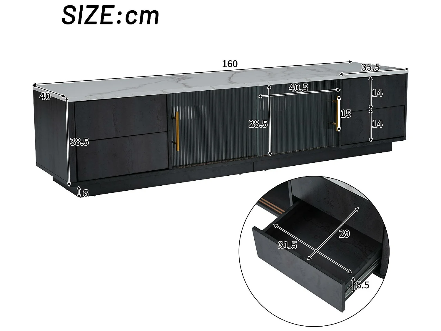 Meuble TV 160cm - adapté pour TV 70" avec un grand espace de rangement et plateau effet marbre - Gris