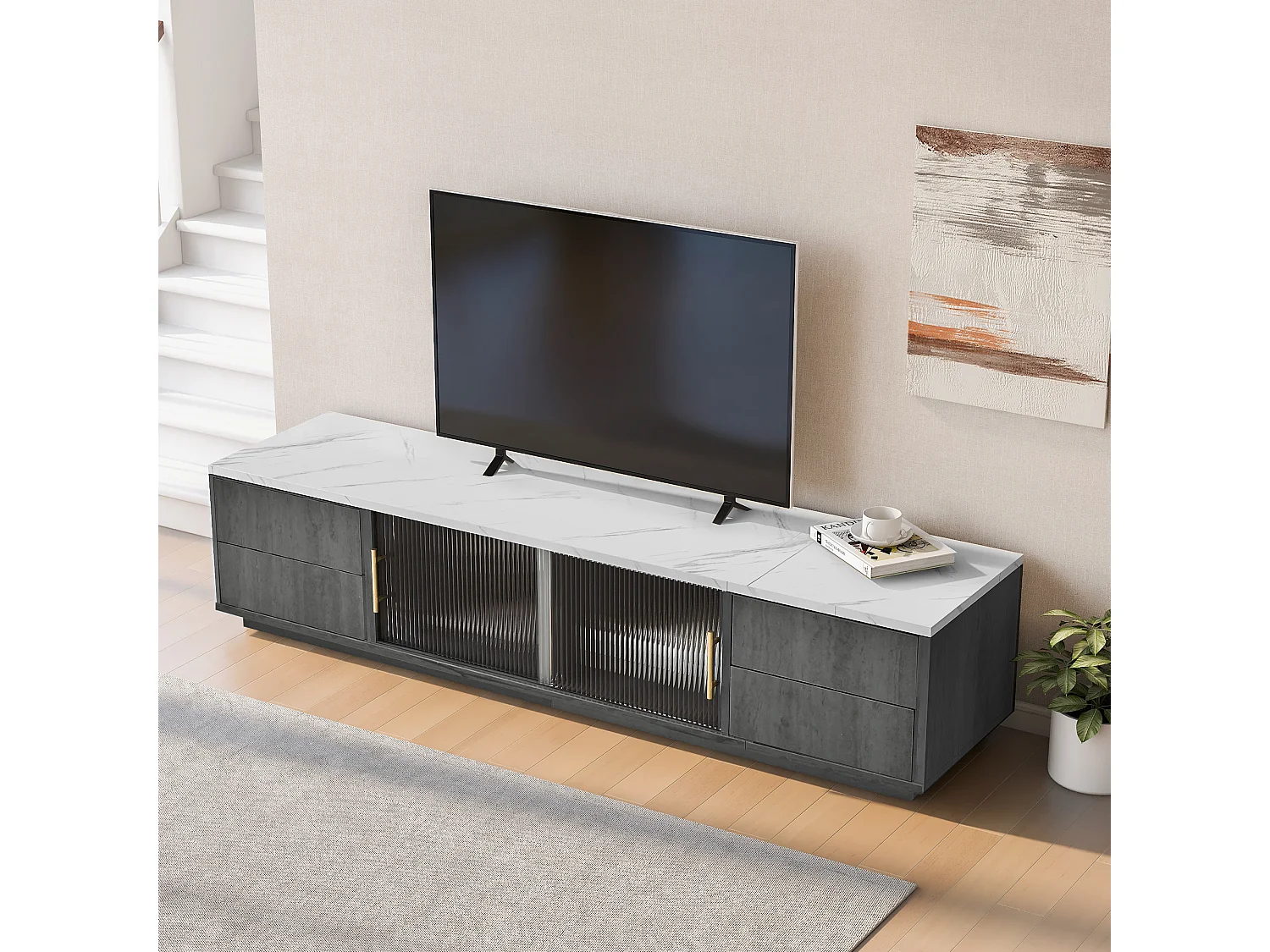 160-cm-TV-Gerät – geeignet für 70-Zoll-Fernseher mit viel Stauraum und Marmoreffektplatte – Grau