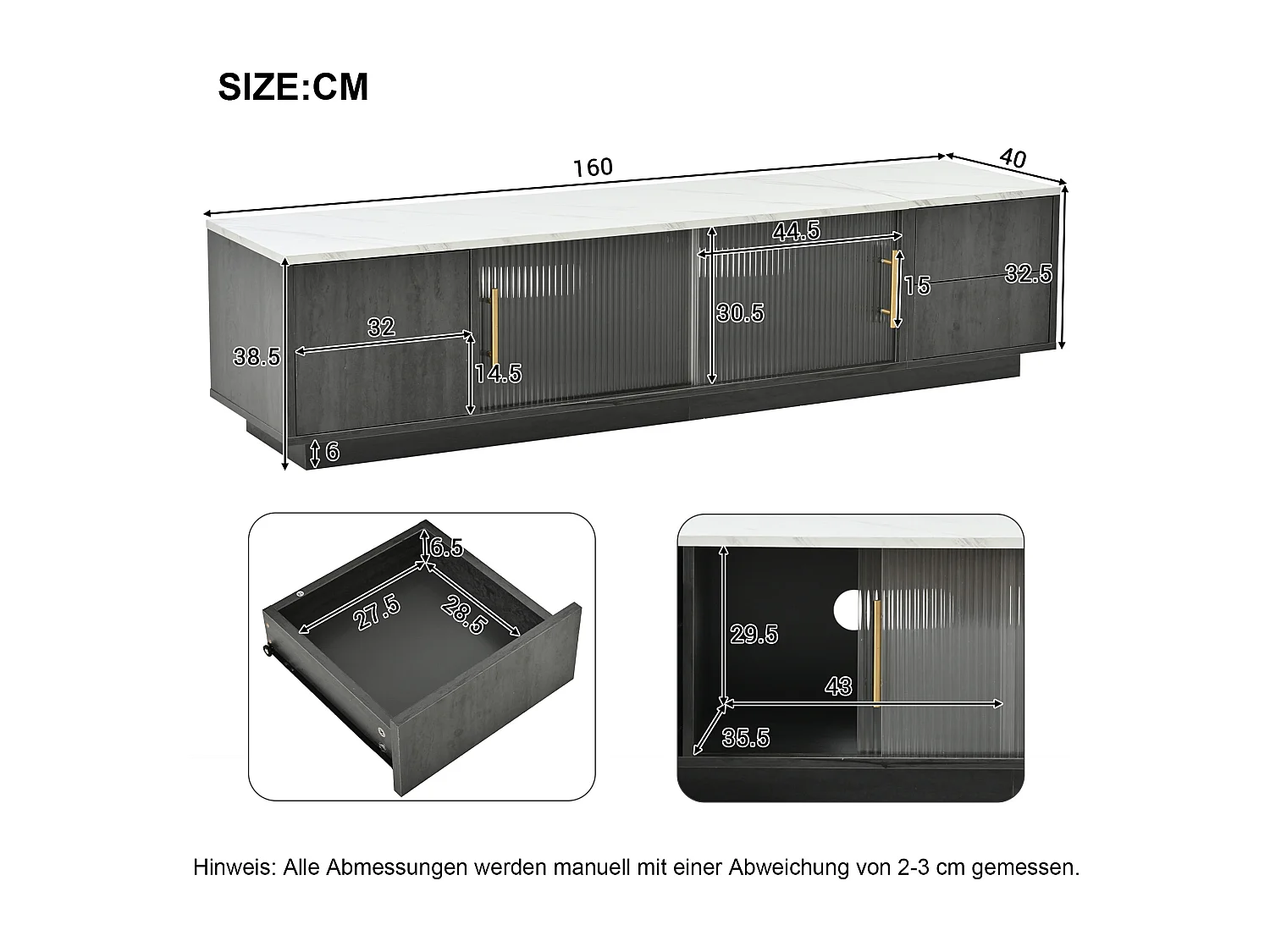 160-cm-TV-Gerät – geeignet für 70-Zoll-Fernseher mit viel Stauraum und Marmoreffektplatte – Grau